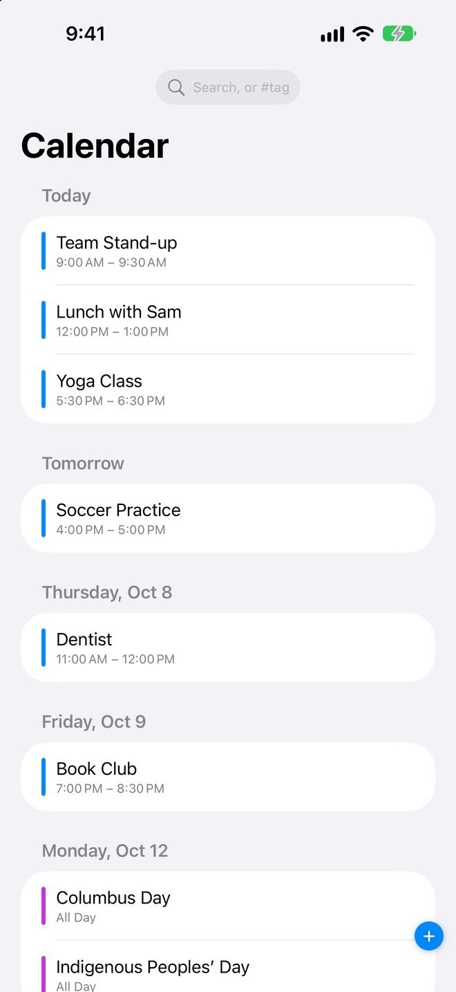 Calendar list of upcoming events